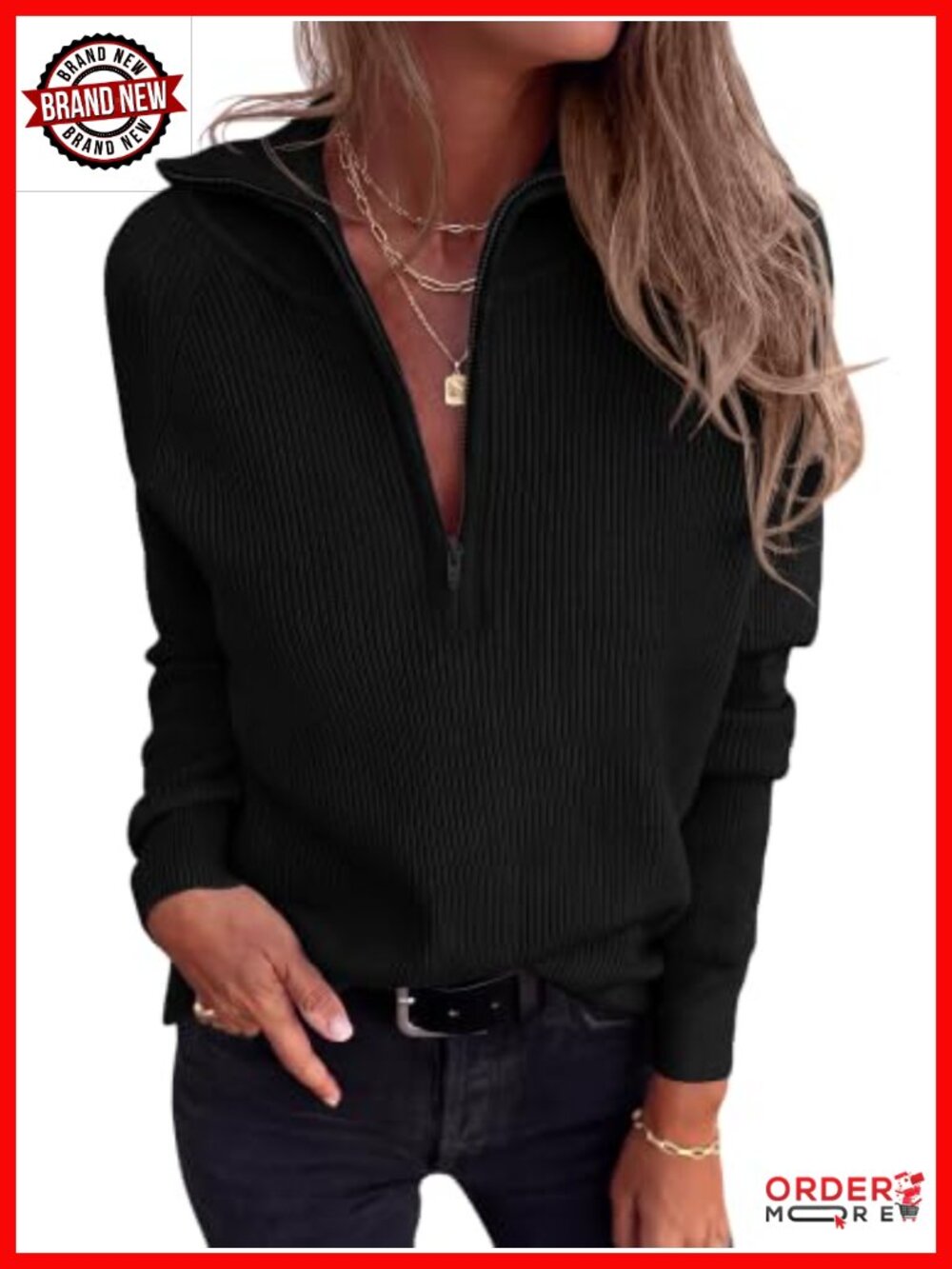 Ribbed Knit Quarter Zip Pullover Sweater Women Long Sleeve Collared V-Neck